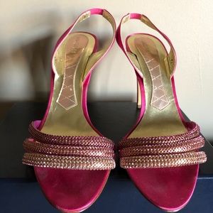 Magrit Fuschia Satin & Ombré Rhinestone Sandals